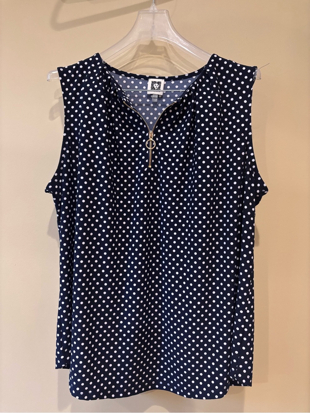 Anne Klein Navy Polka Dot Sleeveless Zip Tank